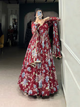 Maroon Color Floral Print With Lace Border Marbel Gown